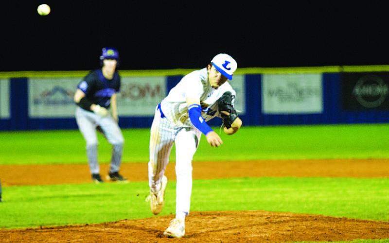 Kade Landry throws a pitch late in last Thursday’s game against Marble Falls after he came on in relief in the fourth inning. HUNTER KING | DISPATCH RECORD