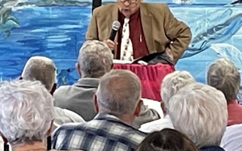 Author and former state historian Bill O’Neal speaks to the audience at the former middle school cafeteria about the providential circumstances that led to Santa Anna’s capture and surrender at San Jacinto on April 21, 1836. courtesy photo