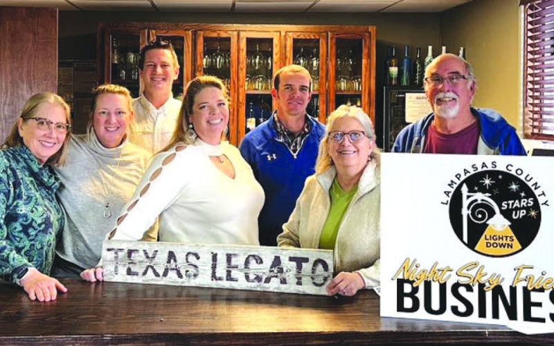 On hand for presentation of the Night Sky Business Award are, from left to right, Lampasas County Friends of the Night Sky Business Liaison Martha Noell, Lampasas County Chamber of Commerce Executive Director Melissa Unger, Chamber Membership &amp;amp; Events Executive Ross Oliver, and Texas Legato team members Lindsey Alexander, Jeff Lowe, and Sulynn and Bill Bledsoe, owners. COURTESY PHOTO