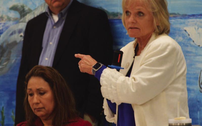 County judge candidates Jo Ann San Miguel (seated), David Millican and Edith Wagner Harrison each had opportunities to address the audience Tuesday night and explain why their backgrounds and experience make them best suited for the position. ERICK MITCHELL | DISPATCH RECORD