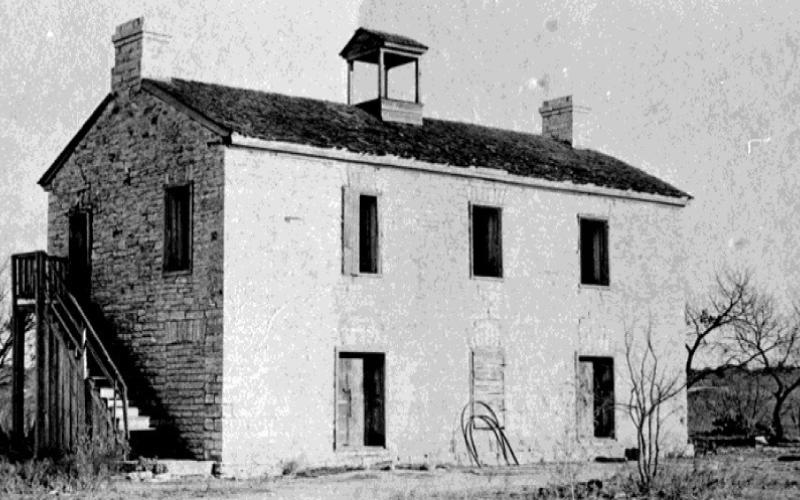 The college building was a two-story limestone structure that stood southeast of the public square, near Sulphur Creek. COURTESY PHOTO