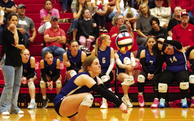 HUNTER KING | DISPATCH RECORD Kari Kepler goes down to dig out a ball during the match against Salado.