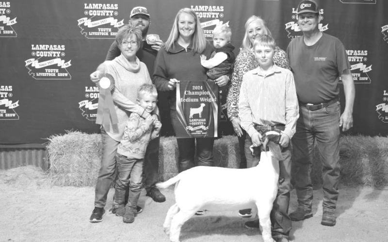 Hadley Kuhl’s mediumweight breeding goat took top honors at Saturday’s Lampasas County Youth Livestock Show. ERICK MITCHELL | DISPATCH RECORD