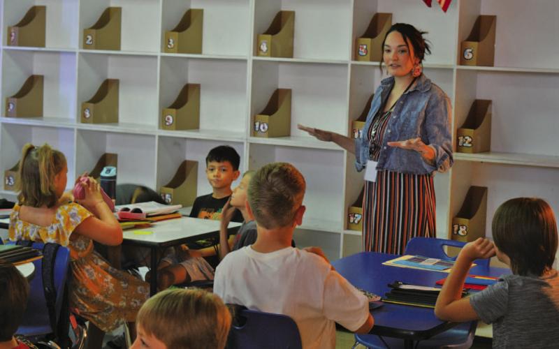 Kline Whitis Elementary School third-grade teacher Molly Arevalo leads class during the first day of school. ERICK MITCHELL | DISPATCH RECORD
