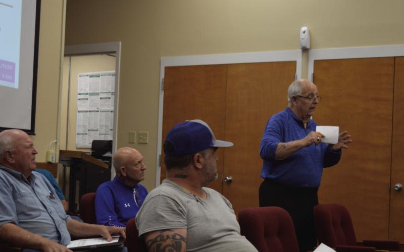 At right, former LISD trustee and Facilities Planning Committee member Bill Brister provides comments during the meeting’s open forum. Brister along with Rex Keele and former LHS Principal Joey McQueen, who are also bond committee members, touched on the subject of Badger Field. The trio felt it may be time for the district to shift away from “tradition,” but Brister felt the choice should be left up to voters. ERICK MITCHELL | DISPATCH RECORD