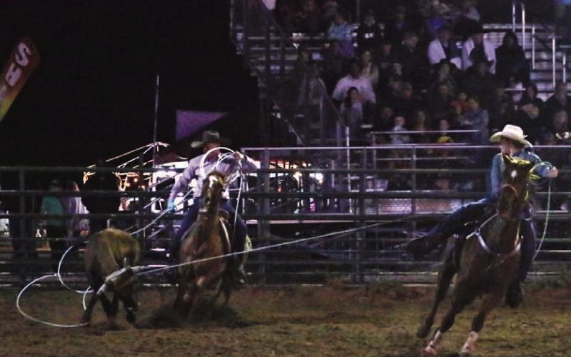 Carson Campbell and Will Edington compete in last Friday’s Team Roping contest during the Diamondback Jubilee Rodeo. MASON HINES | LAMPASAS DISPATCH RECORD
