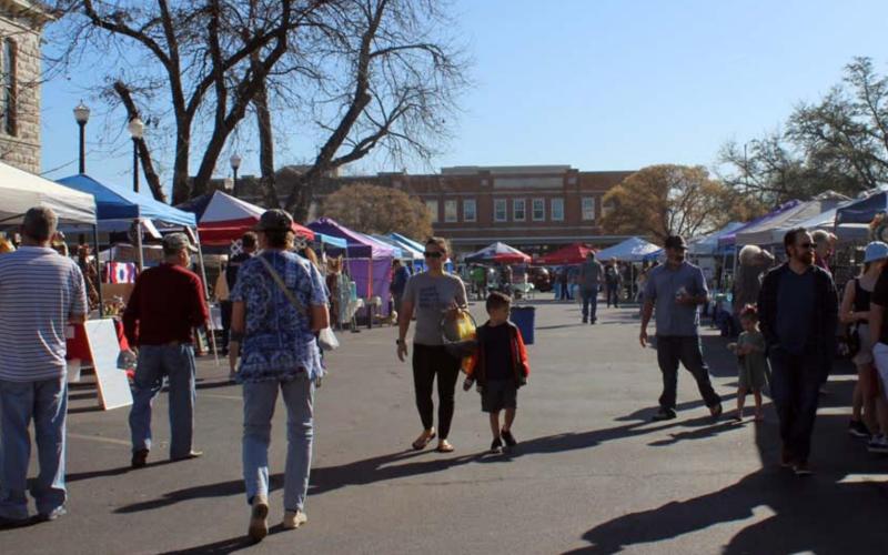 Market-goers walk up and down the courthouse square at the Lampasas Farmers and Craft Market April 2 during its opening weekend of the 2022 season. VERONICA BUTLER | DISPATCH RECORD