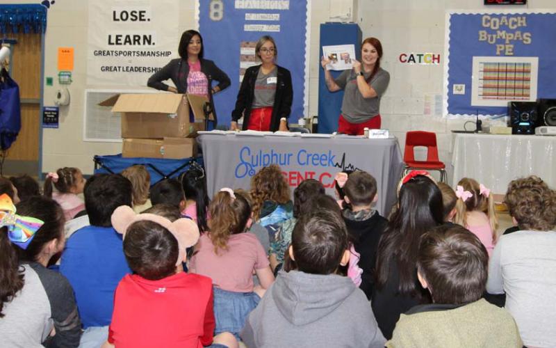 Nurses from Sulphur Creek Urgent Care talk to students at Hanna Springs Elementary School about medication safety. Many medicines look similar to candy, so the nurses addressed how to tell them apart from one another so students can stay safe and healthy. joycesarah |mccabe dispatch record