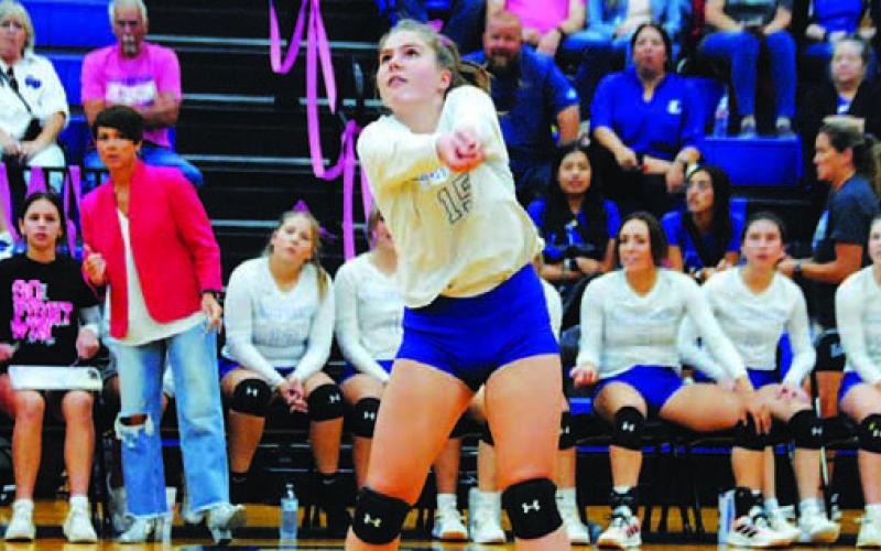 Ava Dowdy makes a pass as her coaches and teammates watch from the bench. HUNTER KING | DISPATCH RECORD