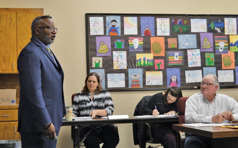 At left, Taylor Creek Elementary School Principal Mark Sheppard provides his annual campus report to the Lampasas ISD Board of Trustees on Monday. Erick Mitchell | Dispatch Record