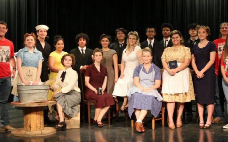 The Lometa One-Act Play qualified for the state competition. Lometa will perform May 1 at 10 a.m. at Corsicana High School’s Performing Arts Center. Special honorees at the regional contest were Jayme Wills, second from left; Phallon Jones, in white top and gray skirt – sitting next to wash tub; Adalee Hale, in white dress – standing near center of photo; and Douglas Thomas, second from right. COURTESY PHOTO