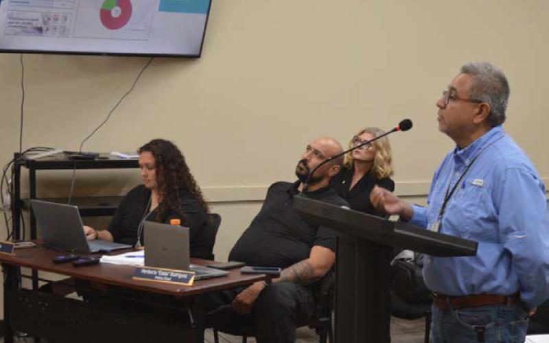 Chief Appraiser Juan Saucedo, at right, of the Lampasas Central Appraisal District offers a detailed presentation at the Kempner City Council meeting to explain his preliminary budget figures for the upcoming fiscal year. ERICK MITCHELL | DISPATCH RECORD