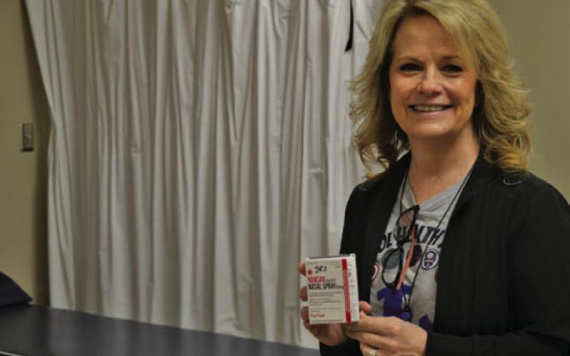 LISD Director of School Health Services Donna Clark holds the Narcan medication that now is available for emergency use. ERICK MITCHELL | DISPATCH RECORD