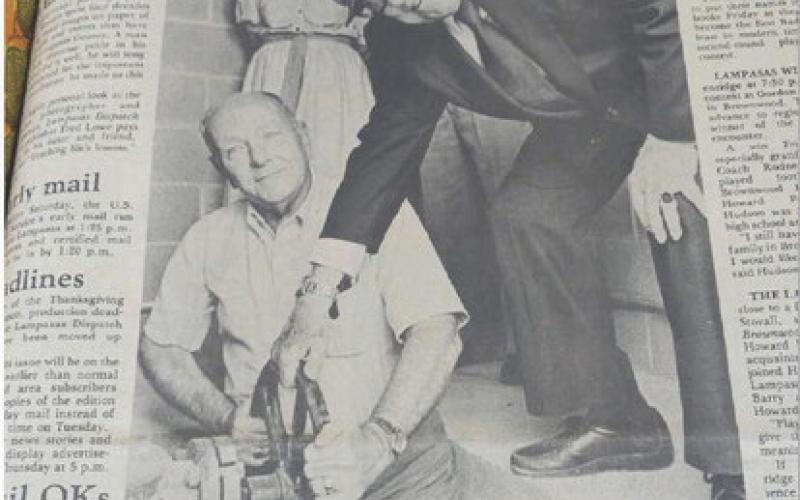 File photo This photo ran in the Dec. 20, 1986 edition of the Lampasas Dispatch Record. Jack Montgomery, at left, president of Kempner Water Supply Corp., and Mayor Henry V. Campbell turn the water tap on for the first time, sending Stillhouse Hollow Reservoir water through the lines to Lampasas.