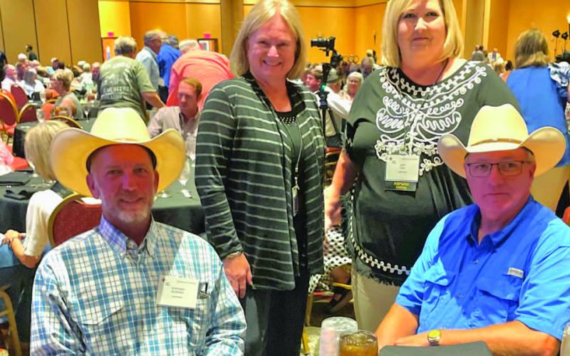 Lampasas County Farm Bureau directors attend a seminar on “Drought Planning Measures for Agriculturalists.” Pictured at top, left to right, are Farm Bureau director Janet Machen, Lampasas High School agriscience Instructor Judy Hail, and in front, Farm Bureau directors Stephen Ruzicka and Rusty Calk. COURTESY PHOTO
