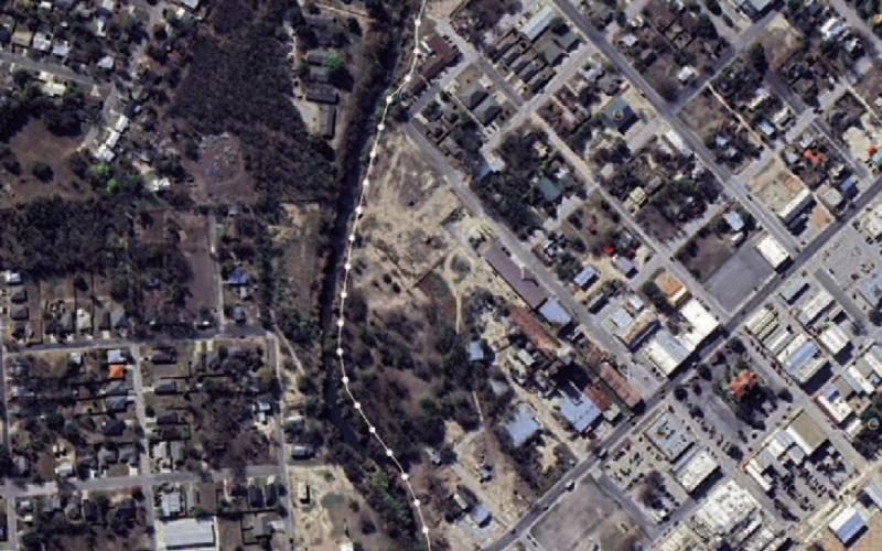 COURTESY PHOTO This aerial view shows where Forward Lampassa plans to add solar lighting along Sulphur Creek -- from Western Street at the top of the photo, then along the west side of the creekbank to just past the Fourth Street bridge in east Lampasas..
