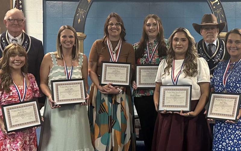 Saratoga Masonic Lodge #546 AF&amp;amp;AM awarded the 2026 Lamar Medals to six Lampasas County teachers. Pictured, left to right, are Mickey Edwards of Lodge #546; Monica Garza, Taylor Creek Elementary honoree; Jennifer Gibbs – Hanna Springs Elementary honoree; Judith Brown – Lampasas High School honoree; Lauren January – Lampasas Middle School honoree; Mercedes Almaguer – Lometa ISD; John Easler of Lodge #546; and Jenny Bowden Roberts – Kline Whitis Elementary honoree. COURTESY PHOTO
