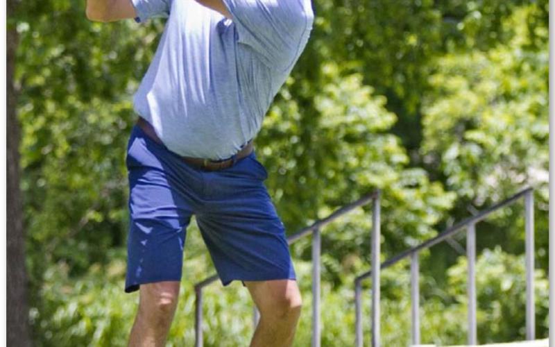Derrek Eckermann tees off on Hole No. 12 on Saturday on his way to winning the President’s Flight. JEFF LOWE | DISPATCH RECORD