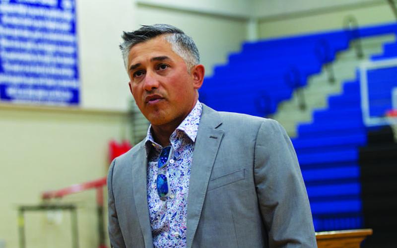 Marcus Chapa speaks to an audience as he was introduced as the new girls’ basketball coach at the annual basketball awards banquet on Wednesday night at Lampasas High School. HUNTER KING | DISPATCH RECORD