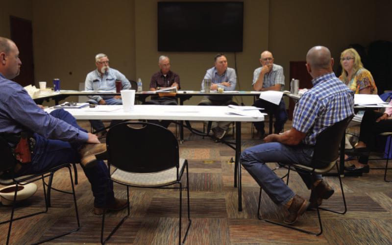 The Lampasas County Commissioners Court met last week in a series of budget workshops to consider needs of various county departments. Chief Deputy Kodie Greenburg, at left, was on hand to explain the requests for fiscal 2025 from the Lampasas County Sheriff’s Office. A portion of the LCSO budget includes monies for operation of the Lampasas Animal Shelter. Sheriffelect David Parker is pictured at front right. ERICK MITCHELL | DISPATCH RECORD