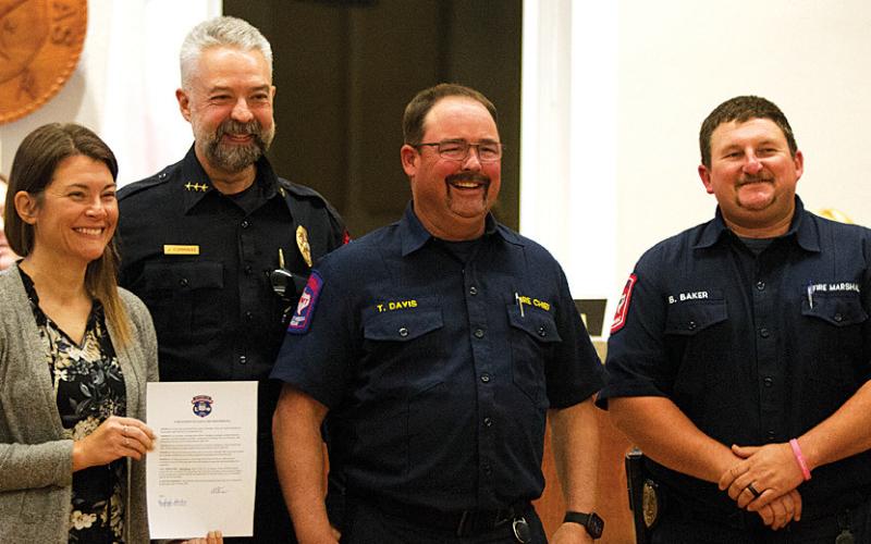 First Responders Day was recognized by the Lampasas City Council at its meeting Monday night. On hand for the presentation from interim city manager Erin Corbell are, from left, Lampasas Chief of Police Jody Cummings, Lampasas Fire Chief Tim Davis and Lampasas Fire Marshal Bart Baker. hunter king | dispatch record