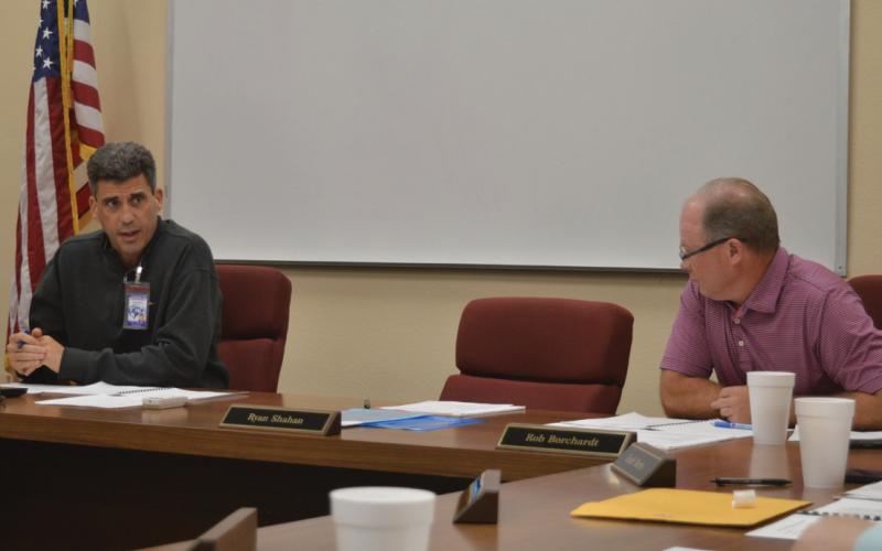 Trustee Rob Borchardt, at right, presided at Monday’s Lampasas ISD school board meeting. Trustees are preparing for the bond election next month, which could authorize construction of a new middle school plus other facility improvements across the district. Also pictured is Superintendent Dr. Chane Rascoe.
