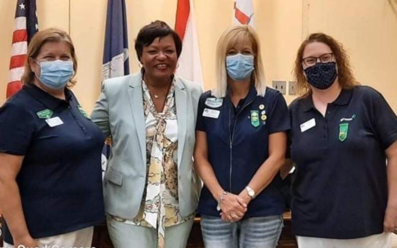 Shown with New Orleans Mayor LaToya Cantrell, second from left, are Lampasas Scout leaders Elisabeth Schulz, at left, Michele Carmack and Margaret Ochsner, right. Fellow chaperone Samantha Hinson took the photo. SAMANTHA HINSON | COURTESY PHOTO