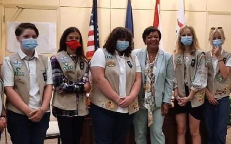 Lampasas Girl Scout Troop #6010 is pictured with New Orleans Mayor LaToya Cantrell (center). From left are Dionna Shultz, Brooklyn Dressel, Lona Hinson, Maggie Ochsner, Cantrell, Juanita Hinson, Charlotte Carmack and Pearl Casanova. COURTESY PHOTO