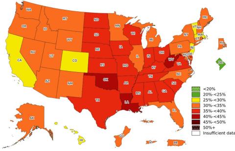courtesy graphic | centers for disease control and prevention The Centers for Disease Control and Prevention 2022 Adult Obesity Prevalence Maps for the 50 states, the District of Columbia, and three U.S. territories show the proportion of adults with obesity. These maps are based on self-reported weight and height from the Behavioral Risk Factor Surveillance System.