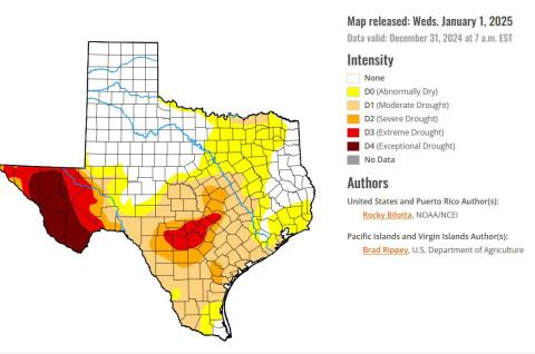 Data from the U.S. Drought Monitor shows 63.5% of the state in drought conditions as of Dec. 31, 2024. Darker shaded areas show more intense drought. courtesy graphic |US Drought monitor