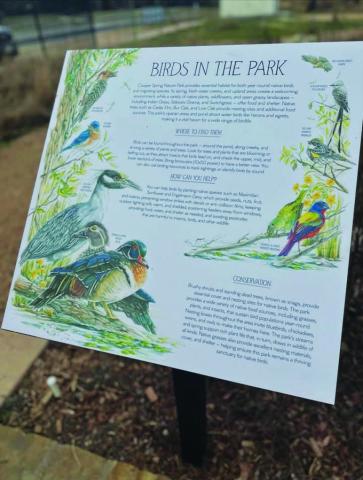 This sign helps visitors know what birds to look out for while enjoying the sights and sounds of Cooper Spring Nature Park. COURTESY PHOTO