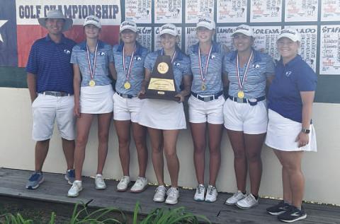 The girls’ golf team poses with their trophy and medals from the regional golf tournament. COURTESY PHOTO | LAMPASAS ATHLETICS FACEBOOK