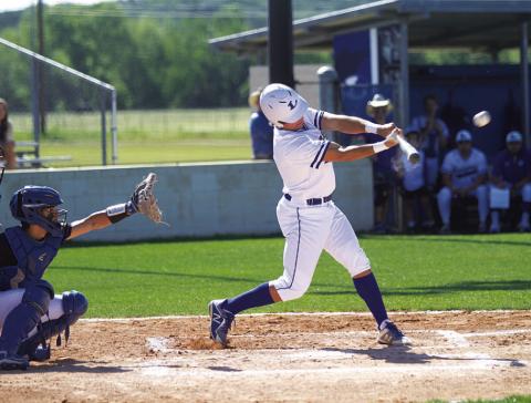 HUNTER KING | DISPATCH RECORD Aden Rascoe rips a double into the gap in the first inning of last Friday’s game.