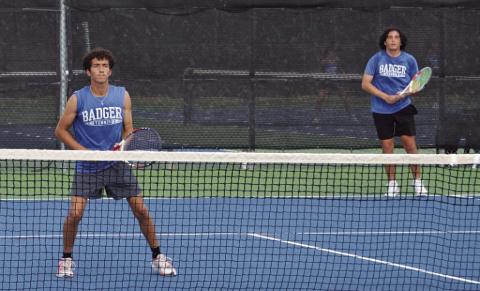 COURTESY PHOTO | KENNETH PEISER Brock Messinger, front, and Jacob Pronovost await a serve during the match against Brownwood.