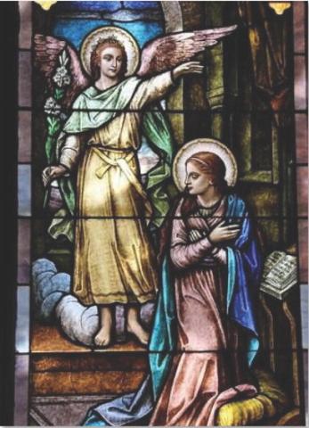 “The Annunciation” is the only stained-glass window at St. Mary’s Episcopal Church that depicts its patron saint, the mother of Jesus. It was given in memory of T.H. Haynie by his daughter, Mrs. C.D. Stokes. A miniature of the window is featured at the museum as part of the exhibition for the 150th anniversary of the church’s founding. COURTESY PHOTO