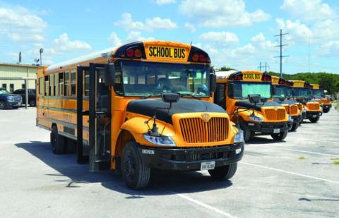 Lampasas ISD school buses sit parked at the district’s transportation barns. New school buses and special needs buses did not make the cut in this year’s 2024-2025 fiscal year budget as the district navigates tighter than usual finances. ERICK MITCHELL | DISPATCH RECORD