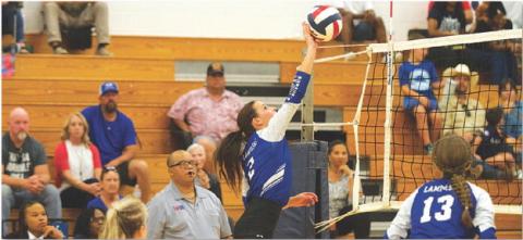 Landry White rises for an attempted kill during an early-season match on the road. HUNTER KING | DISPATCH RECORD