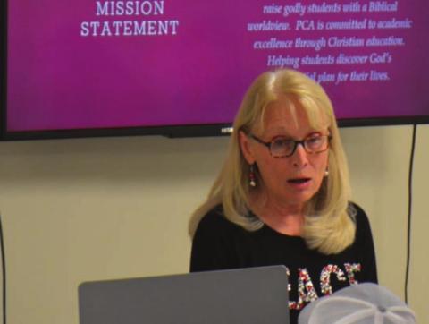 Julie Williams presents the vision and mission of Providence Christian Academy of Lampasas at a Dec. 7 informational meeting. VERONICA BUTLER | DISPATCH RECORD