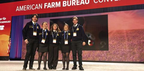 Lampasas FFA officers Jonathan Harris, Michaela White, Abigail Justice, Ava Rojas and Daren Tristan, pictured left to right, attended the annual American Farm Bureau Federation Convention Youth Leadership program on Jan. 26 in San Antonio. COURTESY PHOTO