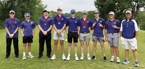COURTESY PHOTO | LAMPASAS ATHLETICS FACEBOOK The junior varsity golf team poses with their medals after winning the district championship last week.