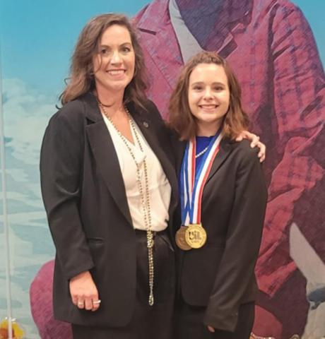 Lometa Speech Coach Cheri Jay-Wienecke, left, and Lometa senior Phallon Jones are shown after Jones’ UIL Persuasive Speaking win. courtesy photo