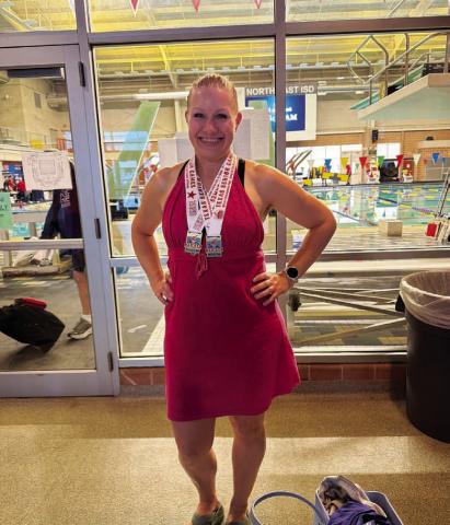 Keitha Goodwin poses with her medals from two first-place finishes at the Texas Senior Games. COURTESY PHOTO