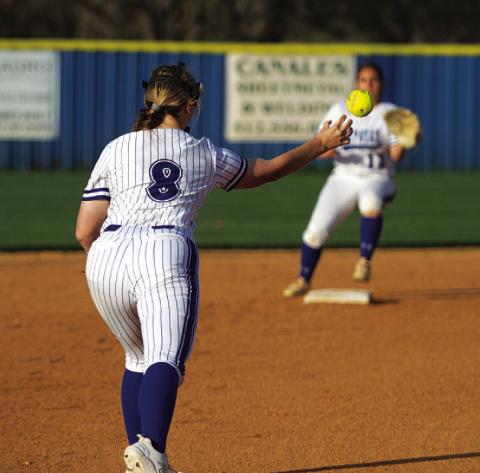 Kamryn Kothmann (8) throws to Julia Ybarra for an out at second base. HUNTER KING | DISPATCH RECORD