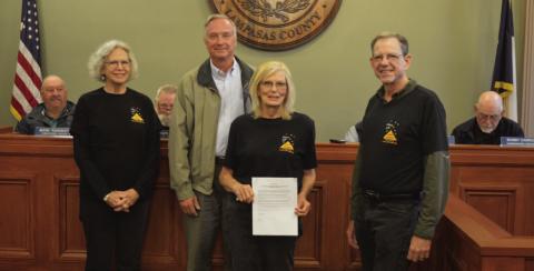 Members of Lampasas County Friends of the Night Sky pose for a photo with the Lampasas County Commissioners Court, which approved a proclamation to name February 2023 “Night Sky Awareness Month.” Standing are, from left to right, Night Sky committee member Jane Watson, County Judge Randy Hoyer, and Night Sky committee members Dorothy Person and Mike Watson. ERICK MITCHELL | DISPATCH RECORD