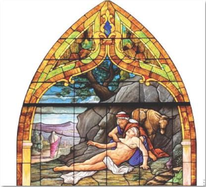 One milestone in 2025 was the 150th anniversary of St. Mary’s Episcopal Church in Lampasas. Here a stained-glass window depicts The Good Samaritan helping his neighbor, near bottomcenter of the photo, after he was beaten and robbed according to the Gospel of Luke.