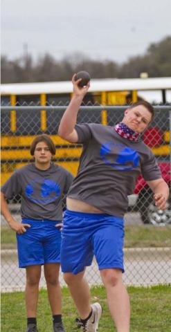 Seventh-grader Hunter Windham placed first in shot put at the Badgers’ home track meet on Wednesday. LMS won both the seventh-grade and eighth-grade boys’ team divisions, but full results were not available at press time. JEFF LOWE | DISPATCH RECORD