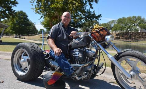 Lampasas native David Wear poses at W.M. Brook Park with his custom ride ‘Addiction,’ built by Wear himself. MONIQUE BRAND | DISPATCH RECORD