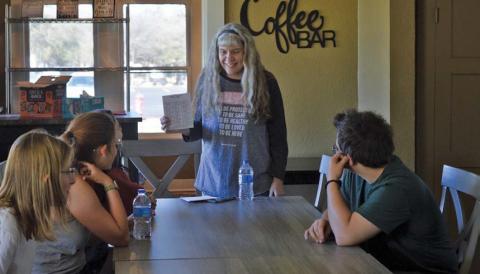 Lampasas High School special needs teacher and Wings of Eagles volunteer Becky Veroneau leads a teen dating violence workshop. erick mitchell | dispatch record