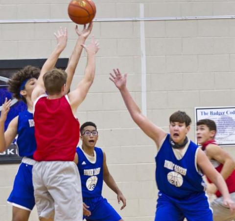 Badger defenders, left to right, Cameron Stokes, Isaiah Wintle and Henry Calvery compete in a scrimmage at home against Salado. JEFF LOWE | DISPATCH RECORD