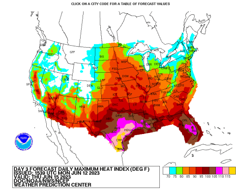 The National Weather Service predicts high heat indices on Thursday, Friday, and over the weekend. This NWS graphic shows Lampasas County may see a heat index of between 105 and 110 on Thursday.